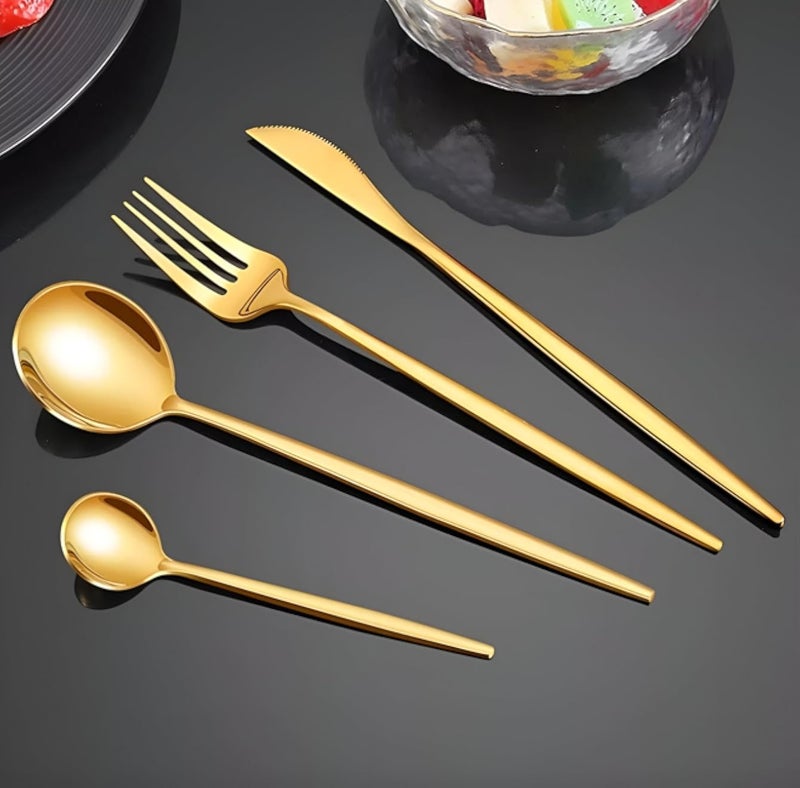 Enrich the Dining Session with 4 Piece Gold Stainless Steel Flatware Set, Contains (1 Fork + 1 Knife + 1 Large Spoon + 1 Small Spoon) Modern Look (1 Set)